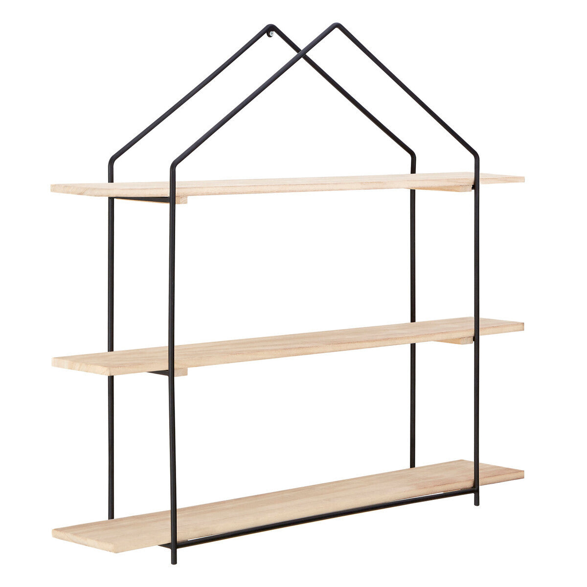Three-tier wooden wall shelves with a minimalist design, featuring light-colored wooden shelves supported by a black metal frame that forms a house-like shape at the top