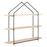 Three-tier wooden wall shelves with a minimalist design, featuring light-colored wooden shelves supported by a black metal frame that forms a house-like shape at the top