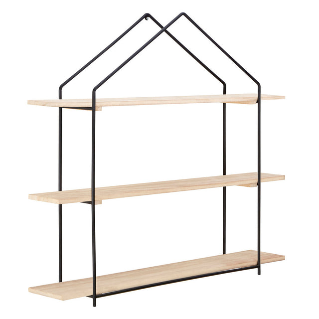 Three-tier wooden wall shelves with a minimalist design, featuring light-colored wooden shelves supported by a black metal frame that forms a house-like shape at the top