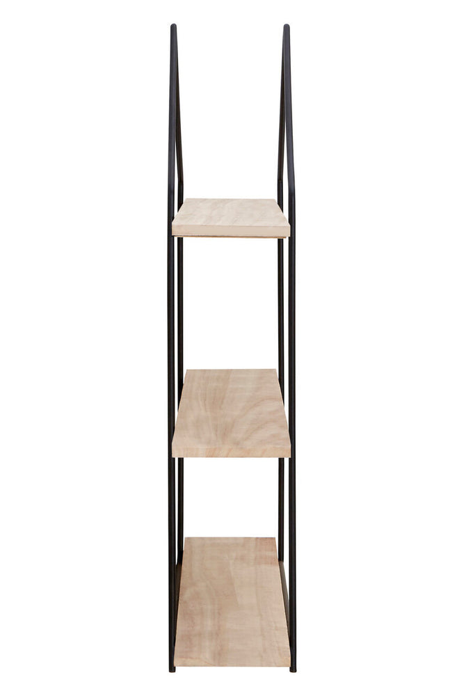 Three-tier wooden wall shelves featuring a minimalist design with light-colored wooden shelves and a sleek black metal frame. The shelves are evenly spaced and provide a modern aesthetic suitable for various home decor styles