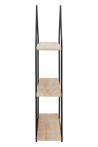 Three-tier wooden wall shelves featuring a minimalist design with light-colored wooden shelves and a sleek black metal frame. The shelves are evenly spaced and provide a modern aesthetic suitable for various home decor styles