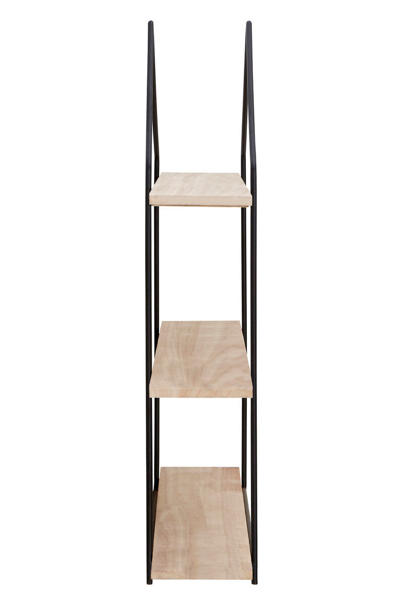 Three-tier wooden wall shelves featuring a minimalist design with light-colored wooden shelves and a sleek black metal frame. The shelves are evenly spaced and provide a modern aesthetic suitable for various home decor styles