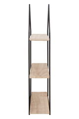 Three-tier wooden wall shelves featuring a minimalist design with light-colored wooden shelves and a sleek black metal frame. The shelves are evenly spaced and provide a modern aesthetic suitable for various home decor styles