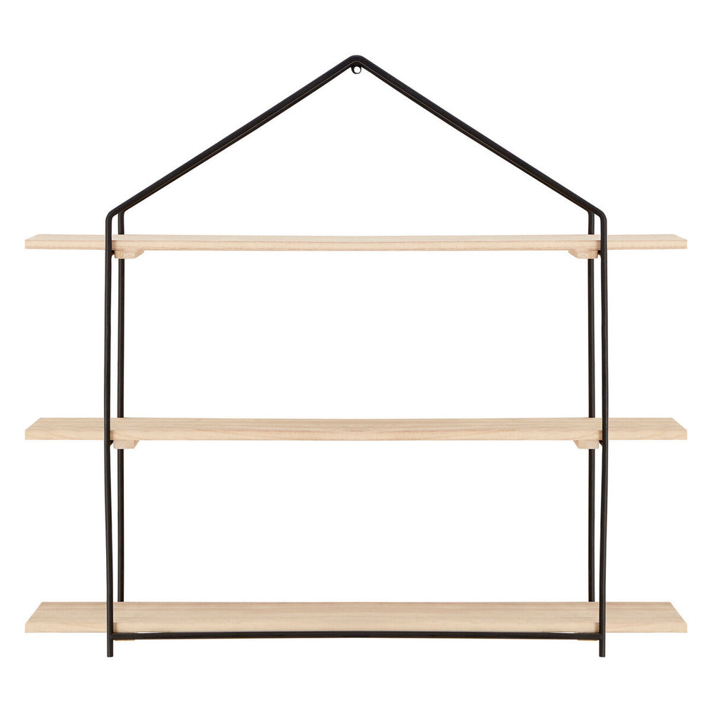 Three-tier wooden wall shelves with a minimalist design, featuring light wooden shelves supported by a black metal frame shaped like a house. The shelves are evenly spaced, providing a stylish storage solution for home decor