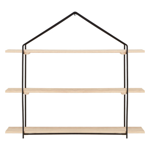 Three-tier wooden wall shelves with a minimalist design, featuring light wooden shelves supported by a black metal frame shaped like a house. The shelves are evenly spaced, providing a stylish storage solution for home decor