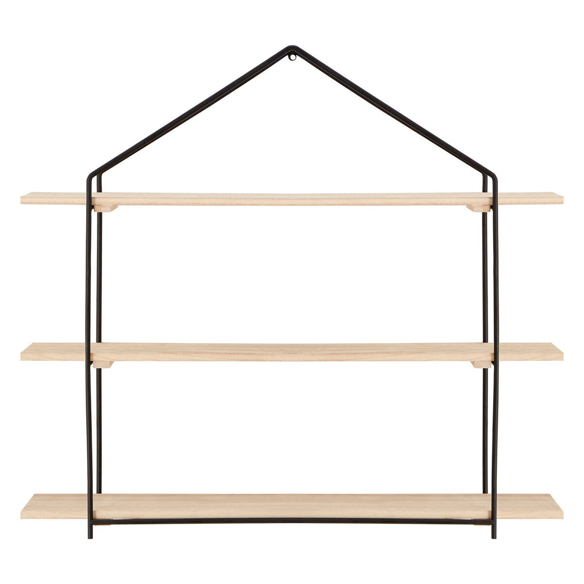 Three-tier wooden wall shelves with a minimalist design, featuring light wooden shelves supported by a black metal frame shaped like a house. The shelves are evenly spaced, providing a stylish storage solution for home decor