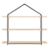 Three-tier wooden wall shelves with a minimalist design, featuring light wooden shelves supported by a black metal frame shaped like a house. The shelves are evenly spaced, providing a stylish storage solution for home decor