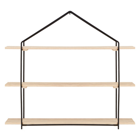 Three-tier wooden wall shelves with a minimalist design, featuring light wooden shelves supported by a black metal frame shaped like a house. The shelves are evenly spaced, providing a stylish storage solution for home decor