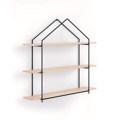 Three-tier wooden wall shelves with a minimalist design, featuring light wood shelves supported by a black metal frame shaped like a house. The shelves are empty, showcasing their spacious design against a plain white background