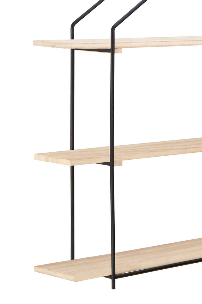 Three-tier wooden wall shelves with a natural wood finish and black metal frame, featuring a minimalist design suitable for home decor