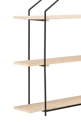 Three-tier wooden wall shelves with a natural wood finish and black metal frame, featuring a minimalist design suitable for home decor