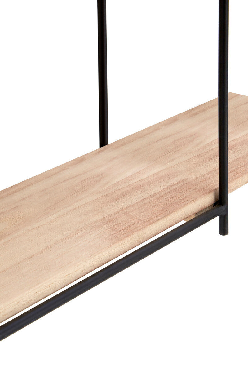 Three-tier wooden wall shelves featuring a natural wood finish and black metal frame. The shelves are designed with clean lines and a minimalist aesthetic, showcasing a sturdy construction suitable for displaying decorative items or books