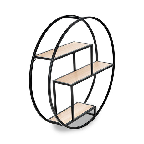 Three-tier round wall shelf featuring a black metal frame with circular design and three wooden shelves in a light finish, arranged in a staggered pattern