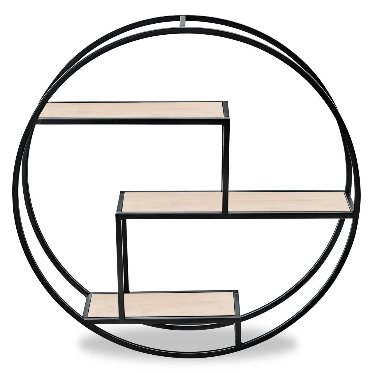 Three-tier round metal wall shelf featuring a circular black frame with three wooden shelves arranged in a modern, geometric design. The shelves are light-colored, providing a contrast to the dark frame