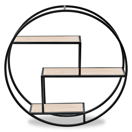 Three-tier round metal wall shelf featuring a circular black frame with three wooden shelves arranged in a modern, geometric design. The shelves are light-colored, providing a contrast to the dark frame