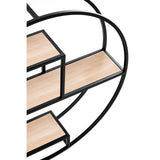Three-tier round wall shelf featuring a black metal frame with three wooden shelves in a light finish, designed for decorative storage and display