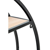 Close-up view of the Brixton 3 Tier Round Metal Wall Shelf featuring a black metal frame with a curved design and light wood shelves. The image shows the connection points of the frame and the smooth finish of the wood