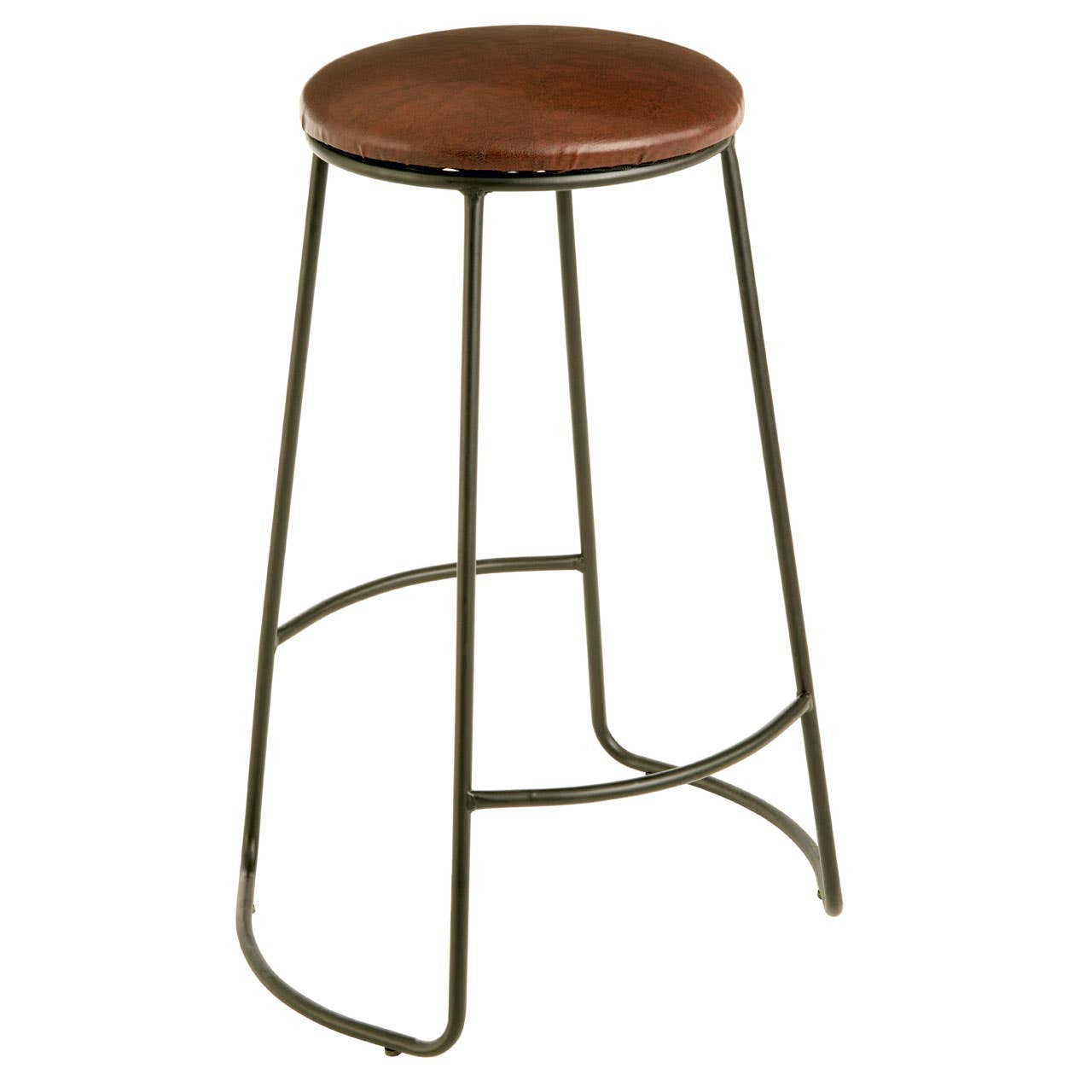 Brixton faux leather bar stool featuring a round brown seat and slender metal legs with a minimalist design. The legs are arranged in a stable, open structure, providing a modern look suitable for various home settings