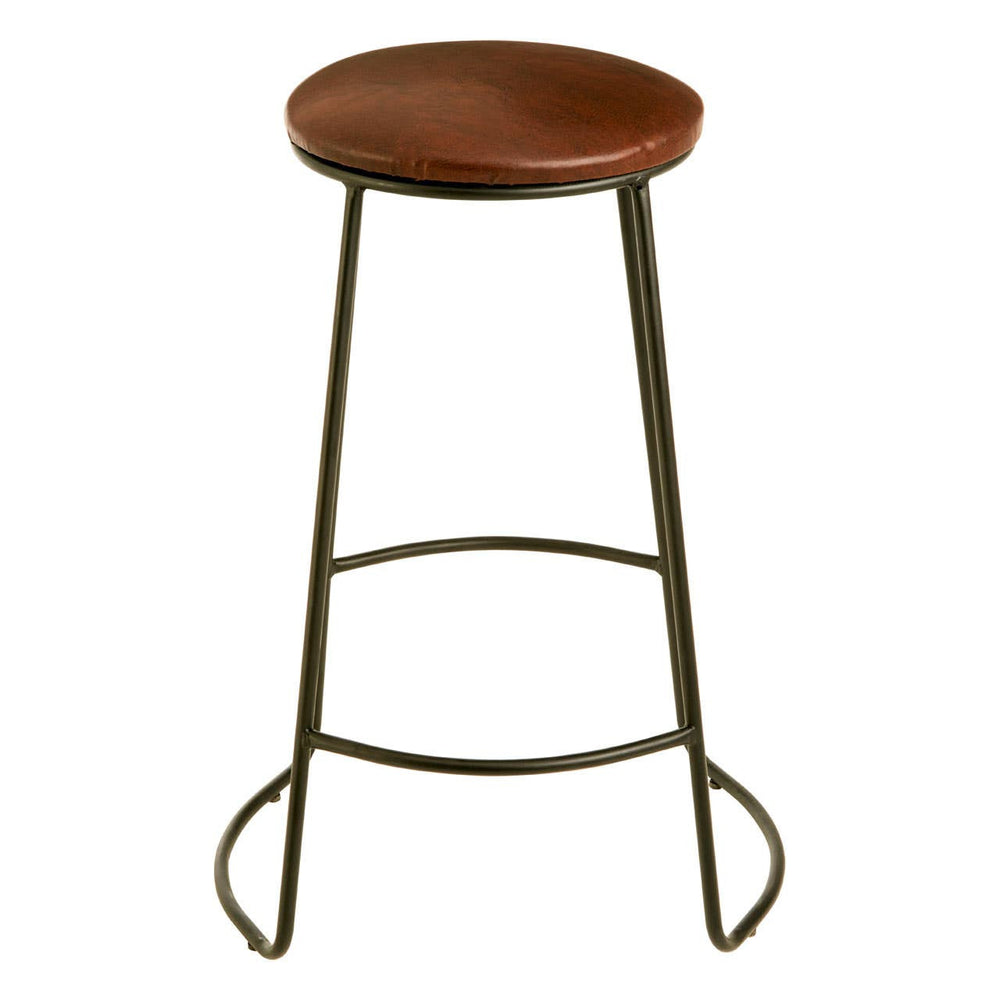 A sleek bar stool featuring a round faux leather seat in a warm brown tone, supported by slender metal legs with a matte finish. The stool includes a footrest for added comfort and has a minimalist design suitable for modern home decor
