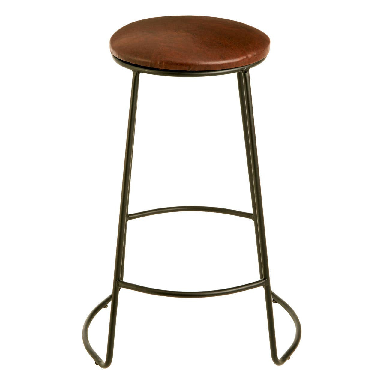 A sleek bar stool featuring a round faux leather seat in a warm brown tone, supported by slender metal legs with a matte finish. The stool includes a footrest for added comfort and has a minimalist design suitable for modern home decor