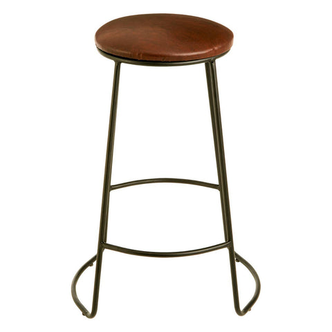A sleek bar stool featuring a round faux leather seat in a warm brown tone, supported by slender metal legs with a matte finish. The stool includes a footrest for added comfort and has a minimalist design suitable for modern home decor