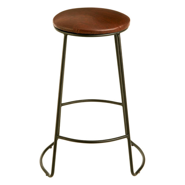 A sleek bar stool featuring a round faux leather seat in a warm brown tone, supported by slender metal legs with a matte finish. The stool includes a footrest for added comfort and has a minimalist design suitable for modern home decor