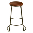A sleek bar stool featuring a round faux leather seat in a warm brown tone, supported by slender metal legs with a matte finish. The stool includes a footrest for added comfort and has a minimalist design suitable for modern home decor