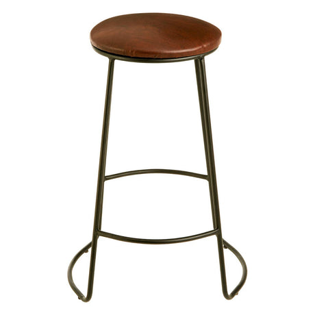 A sleek bar stool featuring a round faux leather seat in a warm brown tone, supported by slender metal legs with a matte finish. The stool includes a footrest for added comfort and has a minimalist design suitable for modern home decor