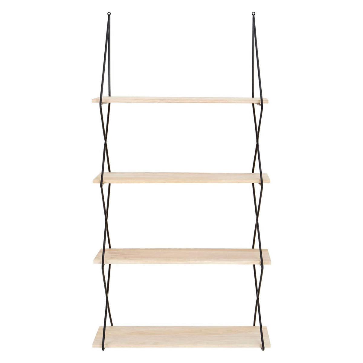 Four-tier wall shelf featuring natural wood shelves supported by sleek metal brackets, designed for wall mounting. The shelves are evenly spaced, providing a modern and minimalist look suitable for displaying decorative items or books