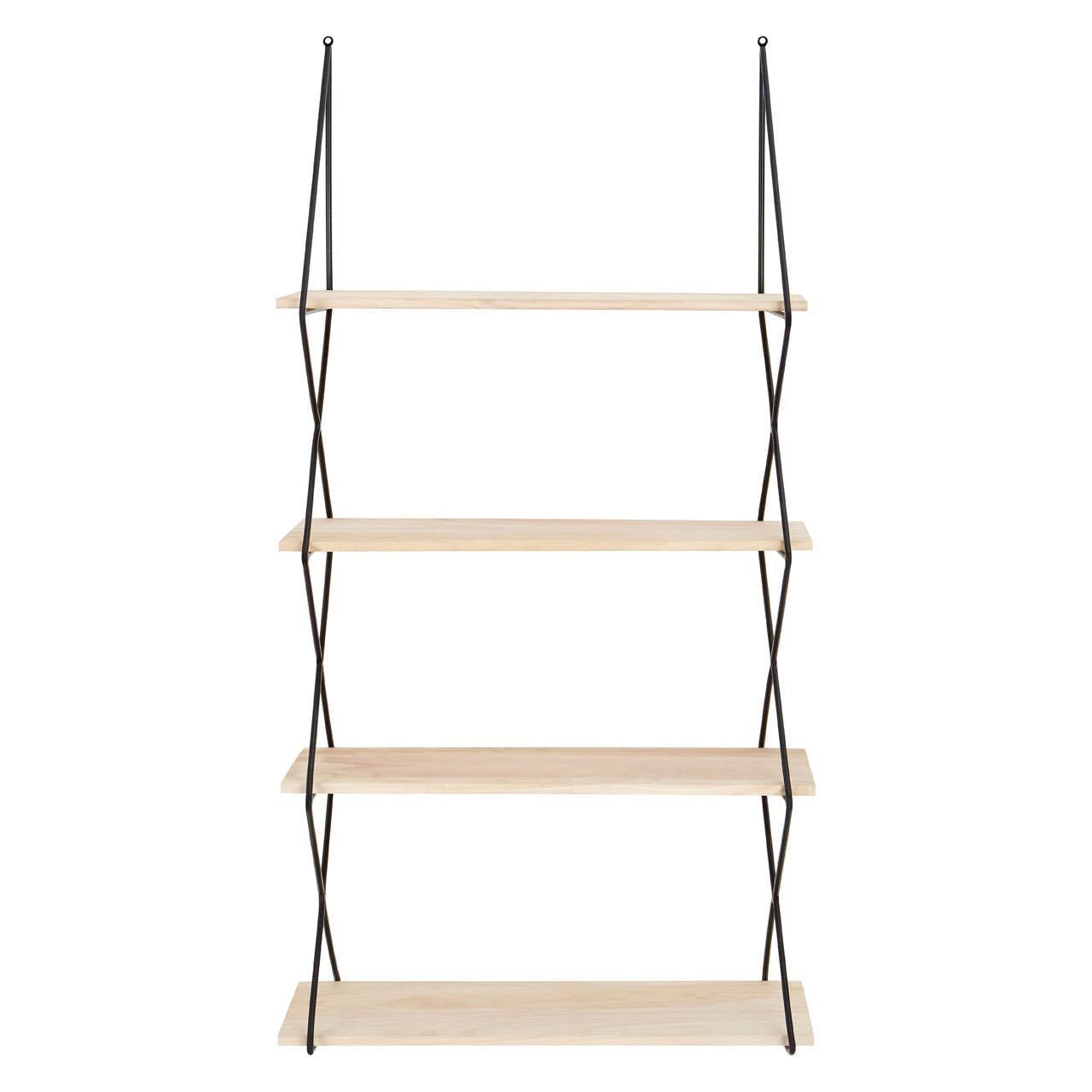 Four-tier wall shelf featuring natural wood shelves supported by sleek metal brackets, designed for wall mounting. The shelves are evenly spaced, providing a modern and minimalist look suitable for displaying decorative items or books