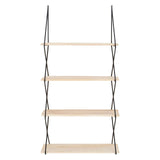 Four-tier wall shelf featuring natural wood shelves supported by sleek metal brackets, designed for wall mounting. The shelves are evenly spaced, providing a modern and minimalist look suitable for displaying decorative items or books