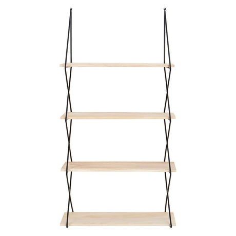 Four-tier wall shelf featuring natural wood shelves supported by sleek metal brackets, designed for wall mounting. The shelves are evenly spaced, providing a modern and minimalist look suitable for displaying decorative items or books