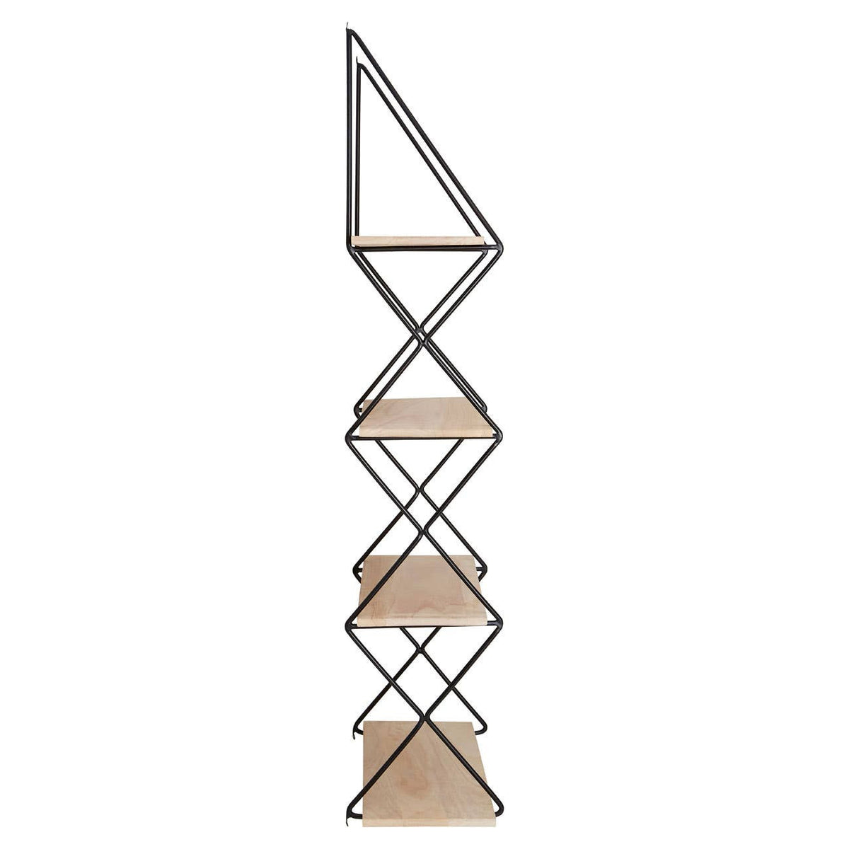 A tall, modern four-tier wall shelf featuring a geometric design with a metal frame and wooden shelves, arranged in a zigzag pattern. The shelves are light-colored wood, providing a contrast to the sleek metal structure