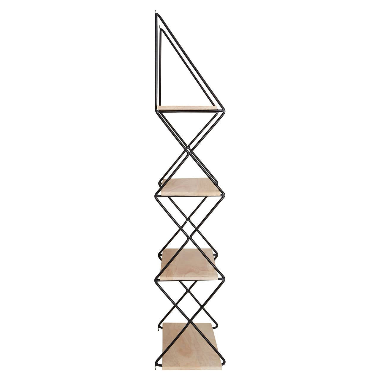 A tall, modern four-tier wall shelf featuring a geometric design with a metal frame and wooden shelves, arranged in a zigzag pattern. The shelves are light-colored wood, providing a contrast to the sleek metal structure