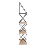 A tall, modern four-tier wall shelf featuring a geometric design with a metal frame and wooden shelves, arranged in a zigzag pattern. The shelves are light-colored wood, providing a contrast to the sleek metal structure