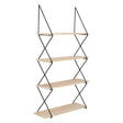 A four-tier wall shelf with a modern design featuring light wooden shelves and a sleek metal frame, showcasing an open and airy structure suitable for displaying decorative items or books