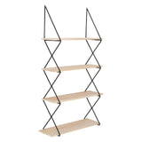 A four-tier wall shelf with a modern design featuring light wooden shelves and a sleek metal frame, showcasing an open and airy structure suitable for displaying decorative items or books