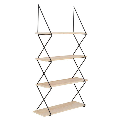 A four-tier wall shelf with a modern design featuring light wooden shelves and a sleek metal frame, showcasing an open and airy structure suitable for displaying decorative items or books