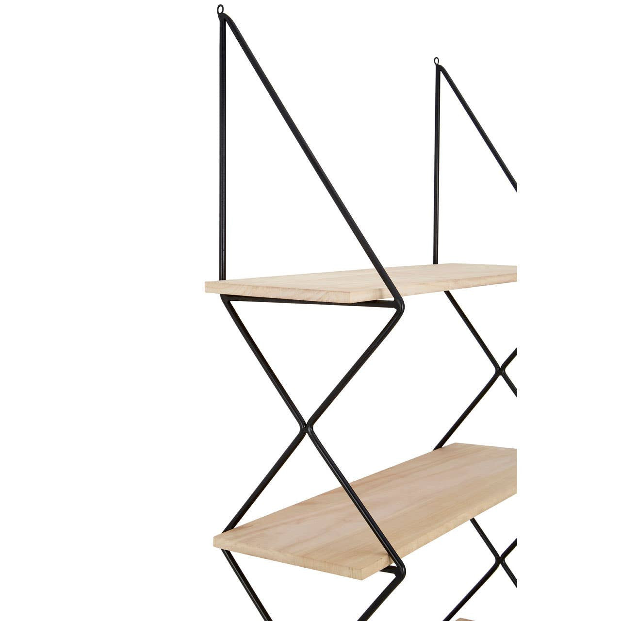Four-tier wall shelf featuring a minimalist design with light wooden shelves and a black metal frame. The frame has a geometric shape with angled supports, creating a modern aesthetic suitable for various home decor styles