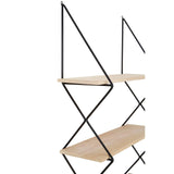 Four-tier wall shelf featuring a minimalist design with light wooden shelves and a black metal frame. The frame has a geometric shape with angled supports, creating a modern aesthetic suitable for various home decor styles