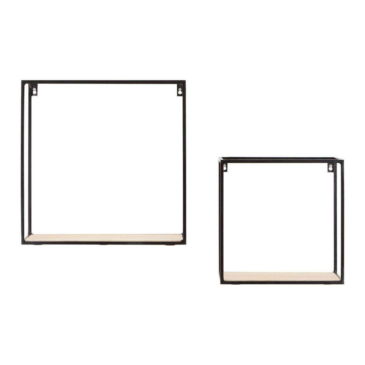 Set of two cuboid wall shelves featuring a minimalist design with a wood base and a metal frame. The larger shelf is square-shaped, while the smaller shelf is a compact square, both designed for wall mounting. The wood base has a natural finish, contrasting with the sleek black metal frame