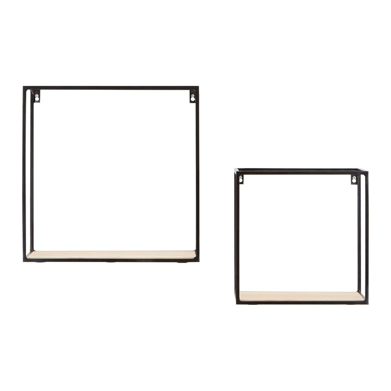 Set of two cuboid wall shelves featuring a minimalist design with a wood base and a metal frame. The larger shelf is square-shaped, while the smaller shelf is a compact square, both designed for wall mounting. The wood base has a natural finish, contrasting with the sleek black metal frame
