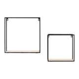 Set of two cuboid wall shelves featuring a minimalist design with a wood base and a metal frame. The larger shelf is square-shaped, while the smaller shelf is a compact square, both designed for wall mounting. The wood base has a natural finish, contrasting with the sleek black metal frame
