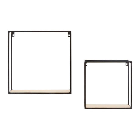 Set of two cuboid wall shelves featuring a minimalist design with a wood base and a metal frame. The larger shelf is square-shaped, while the smaller shelf is a compact square, both designed for wall mounting. The wood base has a natural finish, contrasting with the sleek black metal frame