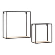 Set of two cuboid wall shelves featuring a minimalist design with a black metal frame and natural wood shelves. The larger shelf is rectangular, while the smaller shelf is square, both suitable for displaying decorative items or plants