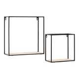 Set of two cuboid wall shelves featuring a minimalist design with a black metal frame and natural wood shelves. The larger shelf is rectangular, while the smaller shelf is square, both suitable for displaying decorative items or plants