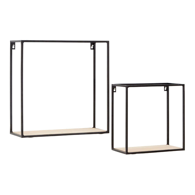 Set of two cuboid wall shelves featuring a minimalist design with a black metal frame and natural wood shelves. The larger shelf is rectangular, while the smaller shelf is square, both suitable for displaying decorative items or plants