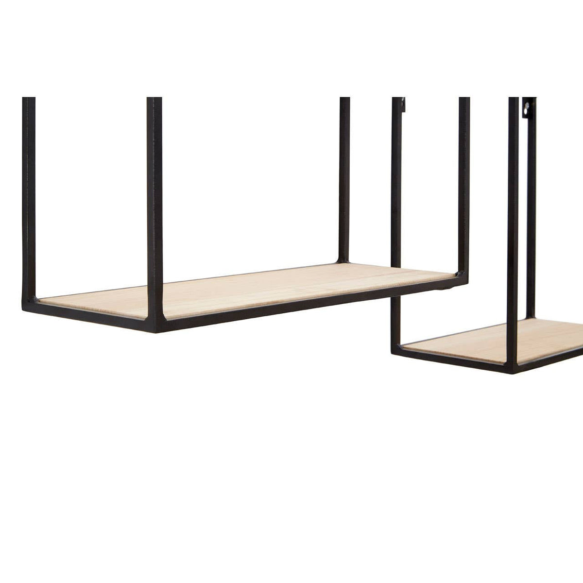 Set of two cuboid wall shelves featuring a minimalist design with a light wood finish for the shelves and black metal frames. The larger shelf is positioned above the smaller one, showcasing a modern aesthetic suitable for home decor