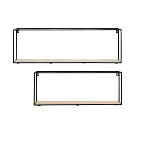 Set of two cuboid wall shelves featuring a sleek black metal frame with a natural wood base, designed for modern home decor. The shelves are rectangular in shape, with one larger shelf positioned above a smaller one, showcasing a minimalist aesthetic suitable for displaying decorative items or plants