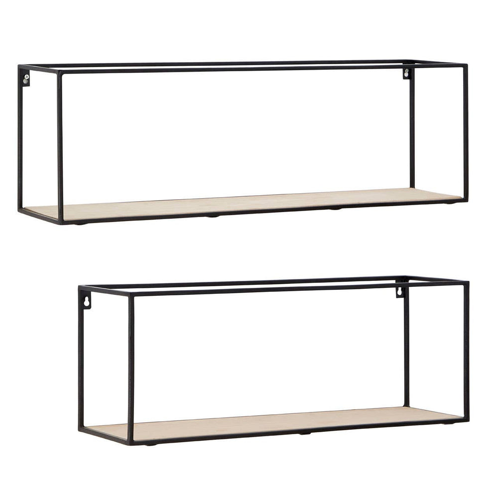 Set of two cuboid wall shelves featuring a minimalist design with a black metal frame and light wood shelves. The top shelf is larger than the bottom shelf, both showcasing open sides for a contemporary look